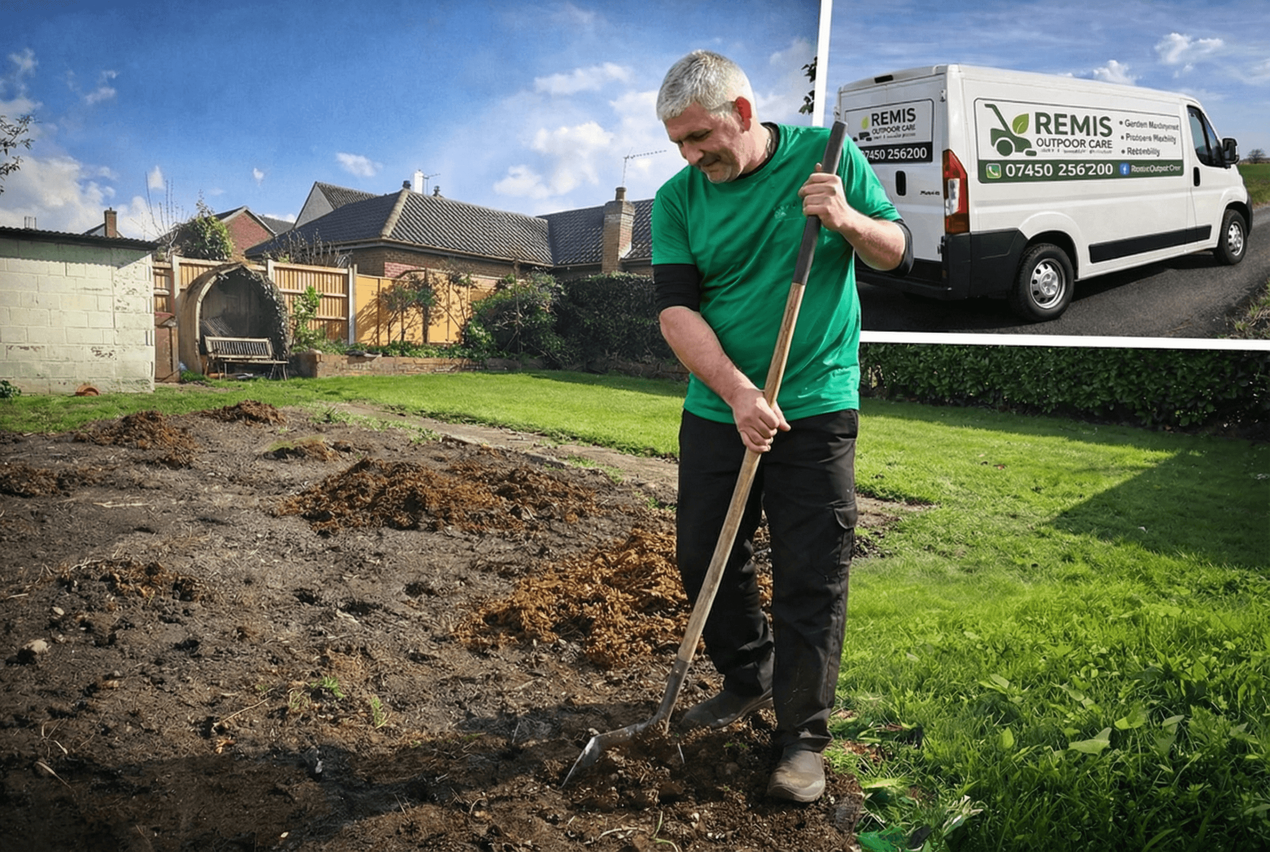 Remijus Dzemeika working in a garden with the Remis Outdoor Care van